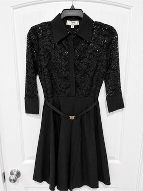 Miss May Black Lace Collared Fit & Flare Dress Size Small Belted